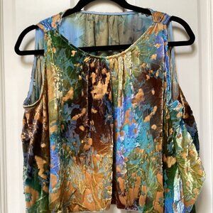 Brown, yellow, blue, gold velvet poncho top, size large
